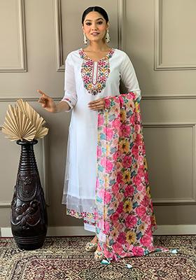 Off White Embroidered Chanderi Salwar Kameez