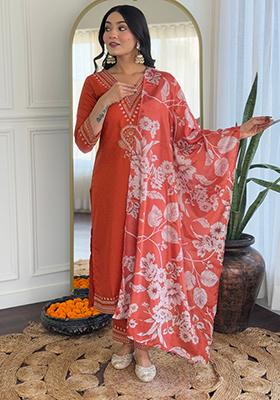 Orange Embroidered Viscose  Salwar Kameez
