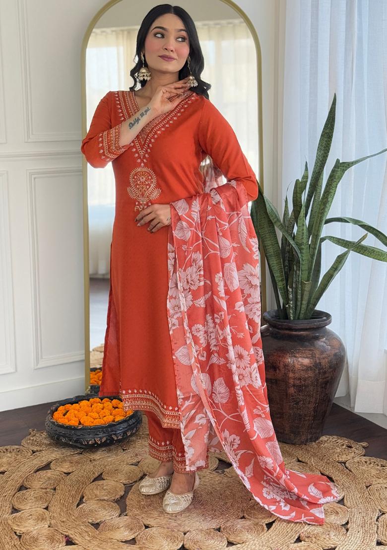 Orange Embroidered Viscose  Salwar Kameez