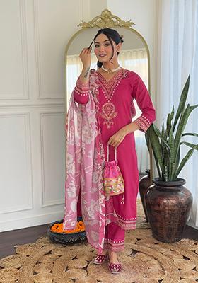 Rani Pink Embroidered Viscose  Salwar Kameez