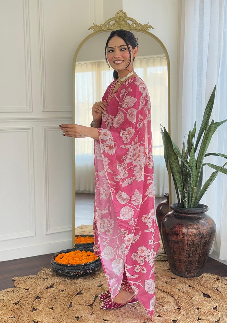 Rani Pink Embroidered Viscose  Salwar Kameez