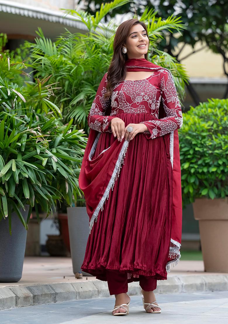Maroon Embroidered Chinnon Salwar Kameez