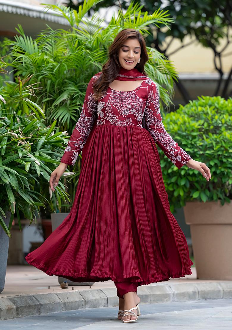 Maroon Embroidered Chinnon Salwar Kameez