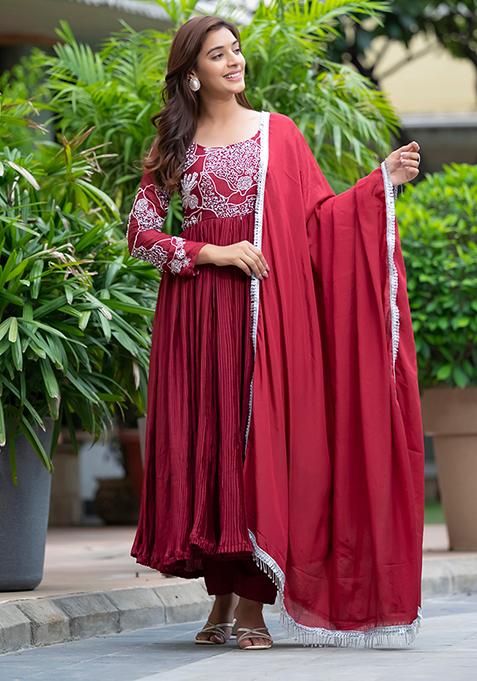Maroon Embroidered Chinnon Salwar Kameez