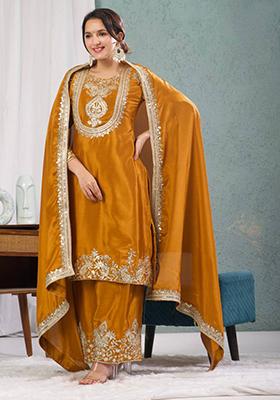 Yellow Embroidered Chinnon Salwar Kameez