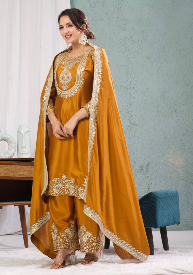 Yellow Embroidered Chinnon Salwar Kameez