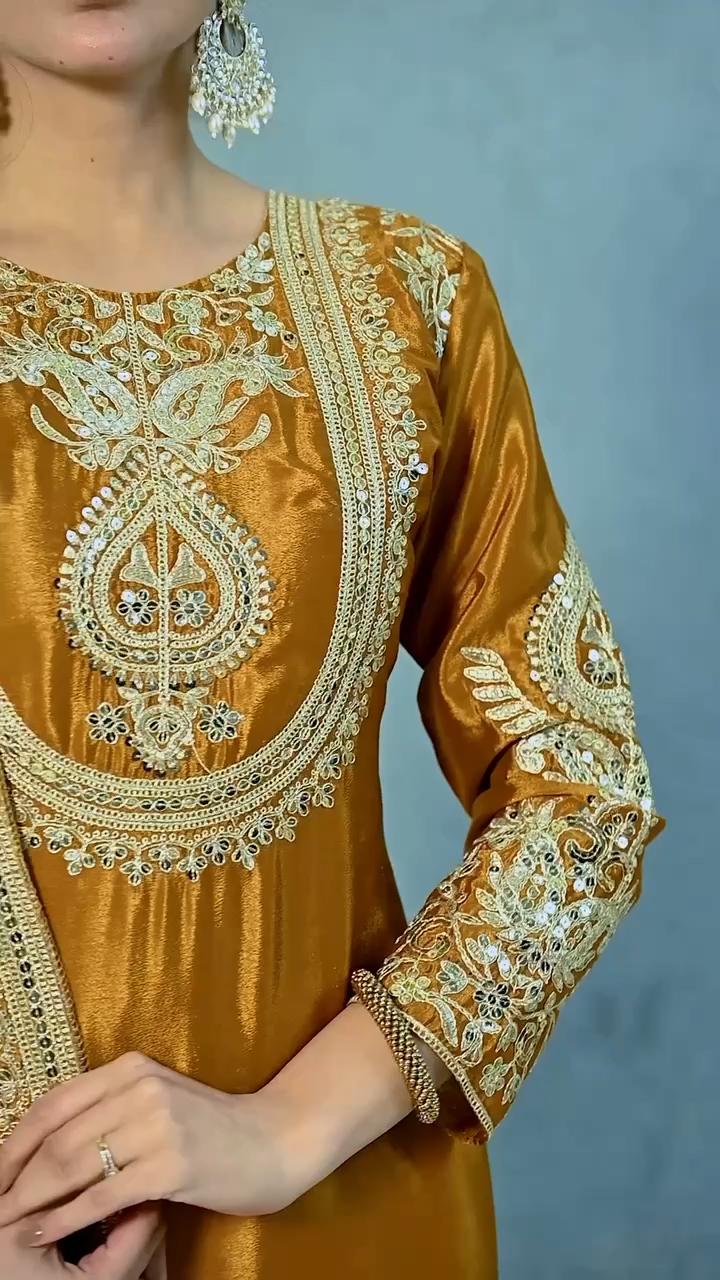 Yellow Embroidered Chinnon Salwar Kameez