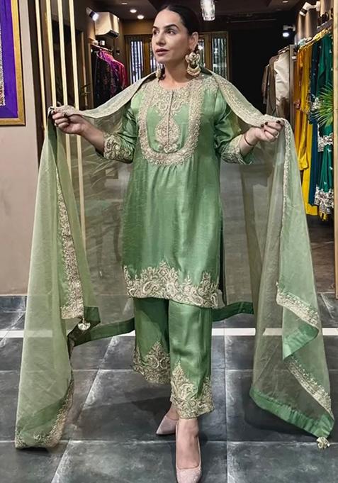 Green Embroidered Chinnon Salwar Kameez