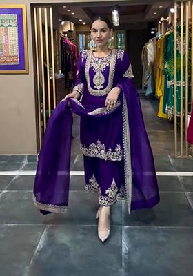 Purple Embroidered Chinnon Salwar Kameez