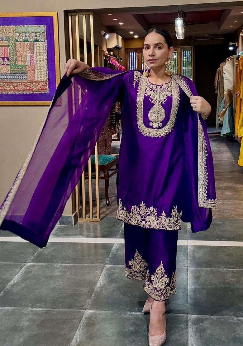 Purple Embroidered Chinnon Salwar Kameez