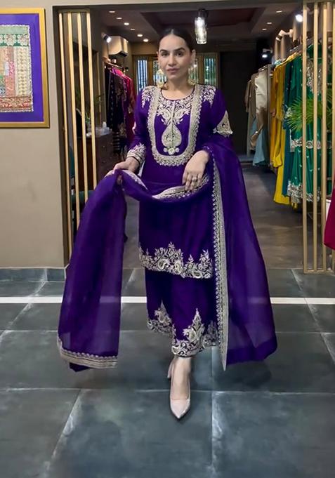 Purple Embroidered Chinnon Salwar Kameez