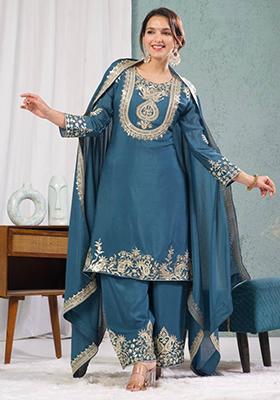 Rama Green Embroidered Chinnon Salwar Kameez