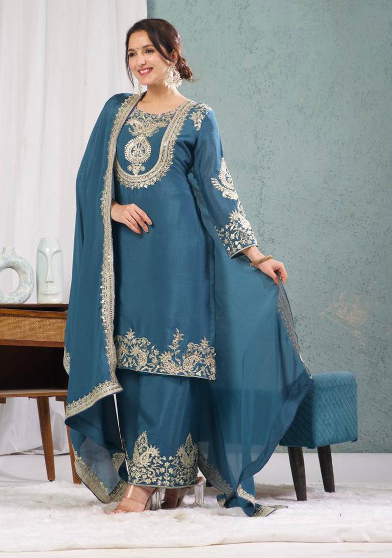 Rama Green Embroidered Chinnon Salwar Kameez