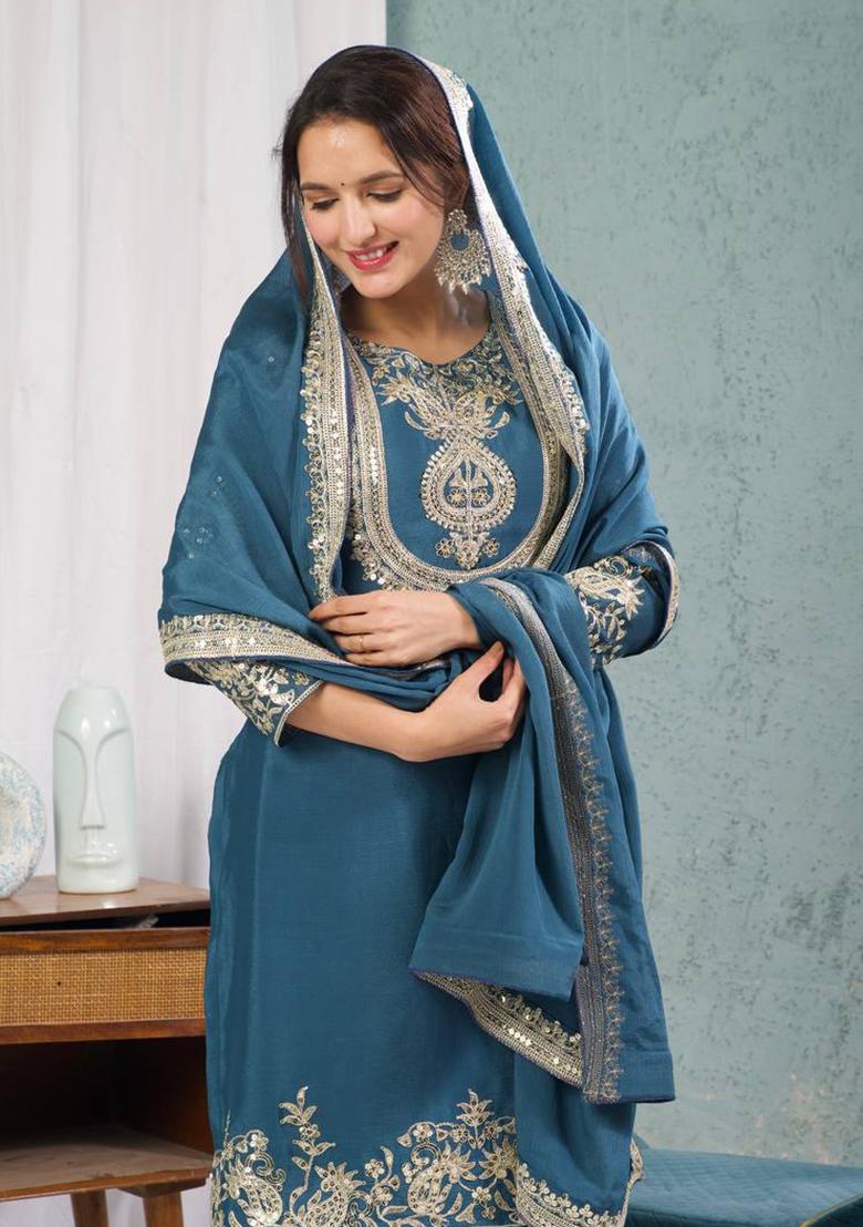 Rama Green Embroidered Chinnon Salwar Kameez