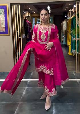 Red Embroidered Chinnon Salwar Kameez