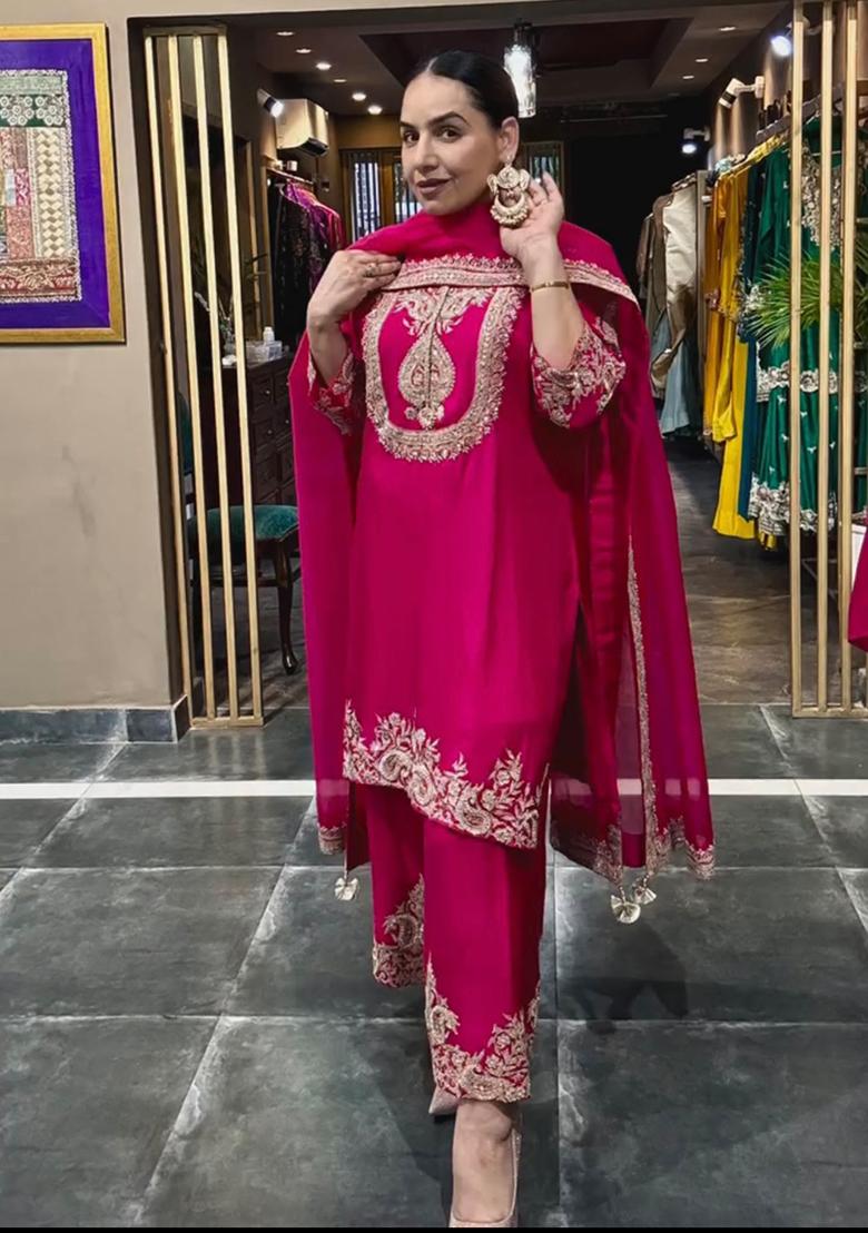 Red Embroidered Chinnon Salwar Kameez