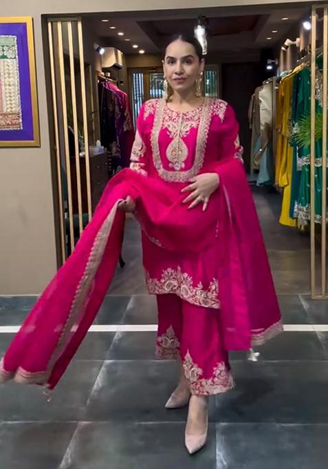 Red Embroidered Chinnon Salwar Kameez