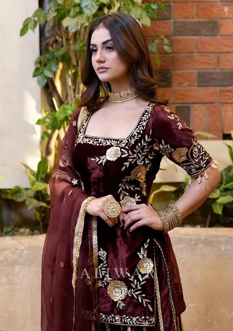 Maroon Embroidered Velvet Salwar Kameez