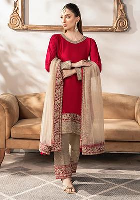 Red Embroidered Cotton Salwar Kameez