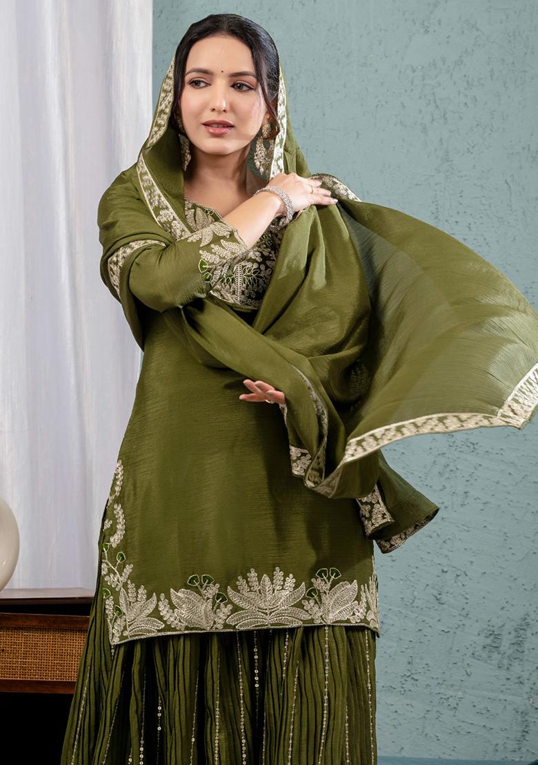 Green Embroidered Chinnon Salwar Kameez