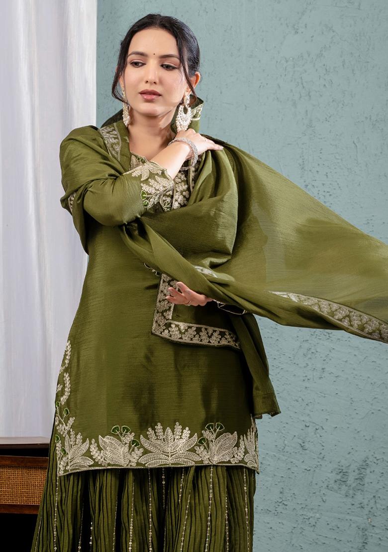 Green Embroidered Chinnon Salwar Kameez