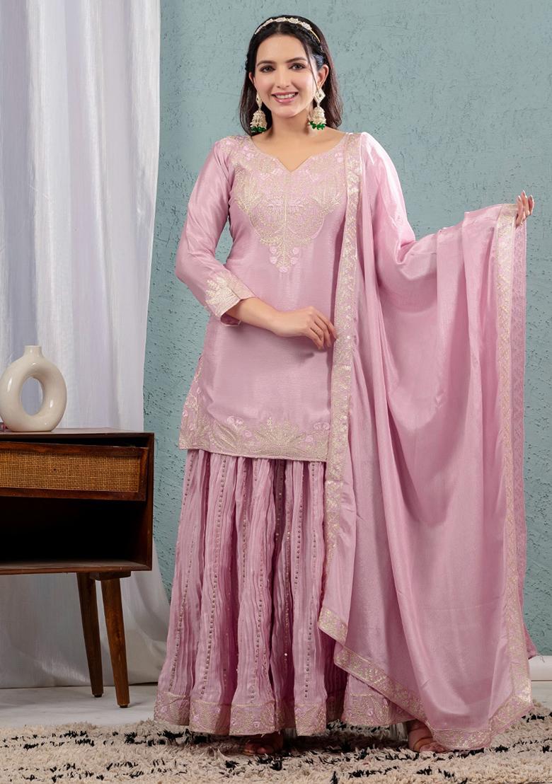 Pink Embroidered Chinnon Salwar Kameez