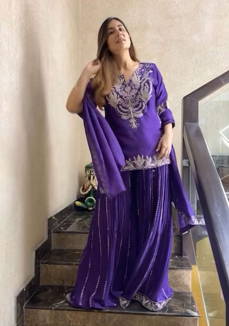 Purple Embroidered Chinon Sharara Set - Indya