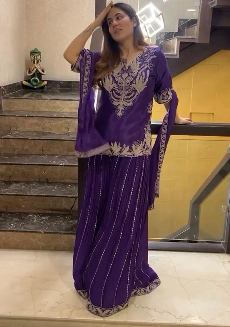 Purple Embroidered Chinnon Salwar Kameez