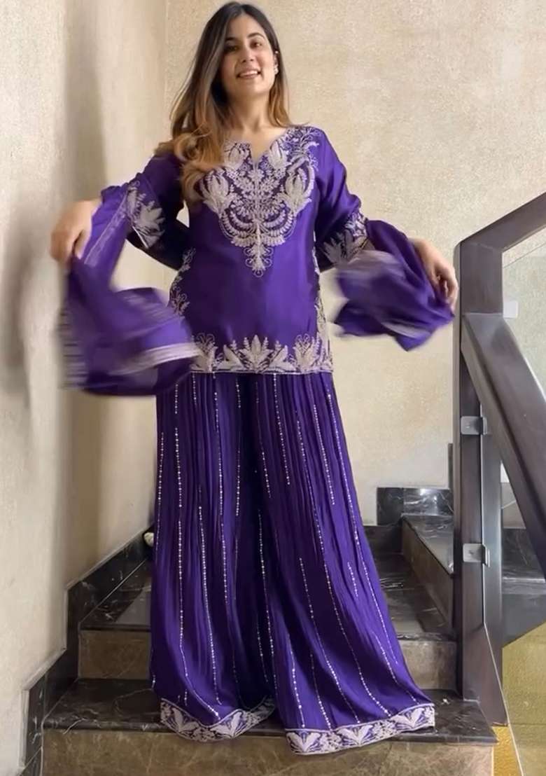 Purple Embroidered Chinon Sharara Set - Indya