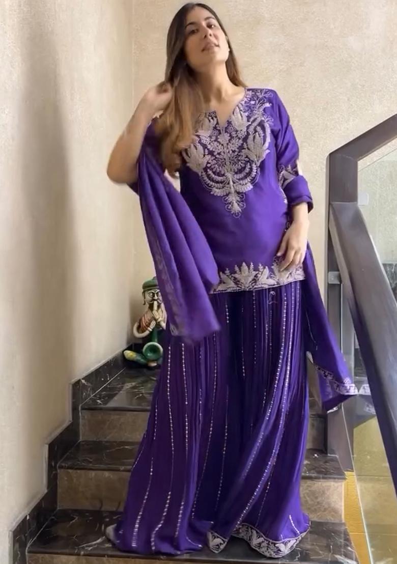 Purple Embroidered Chinnon Salwar Kameez