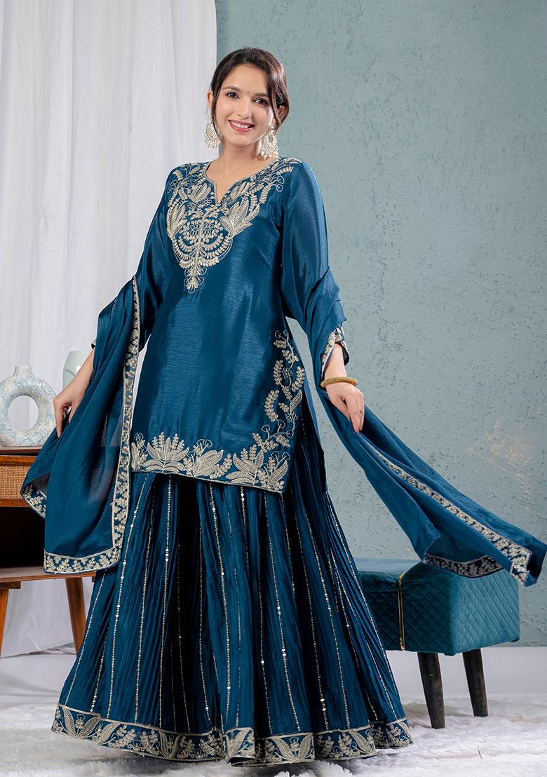 Rama Green Embroidered Chinnon Salwar Kameez