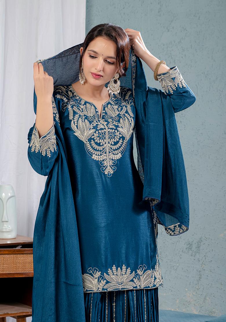 Rama Green Embroidered Chinnon Salwar Kameez