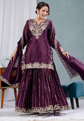 Wine Embroidered Chinnon Salwar Kameez