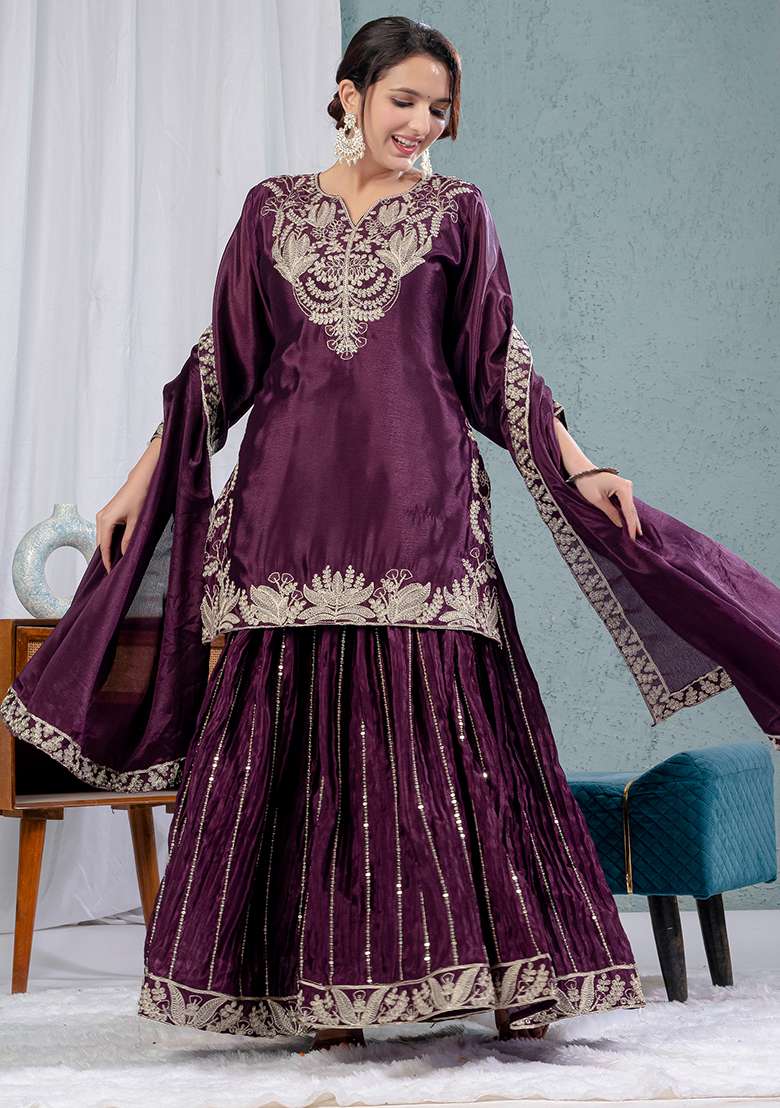 Wine Embroidered Chinon Sharara Set - Indya