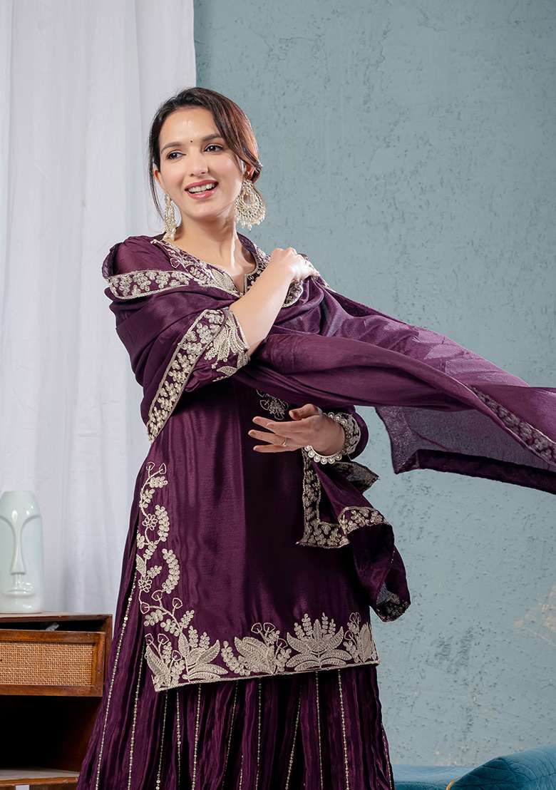 Wine Embroidered Chinon Sharara Set - Indya