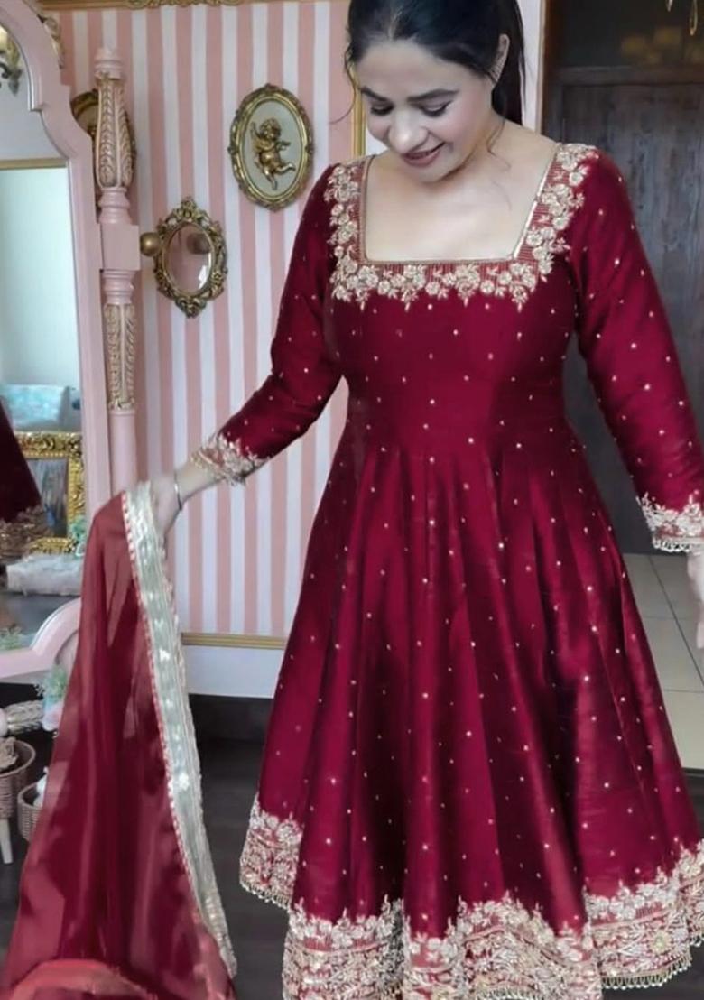 Maroon Embroidered Silk Salwar Kameez