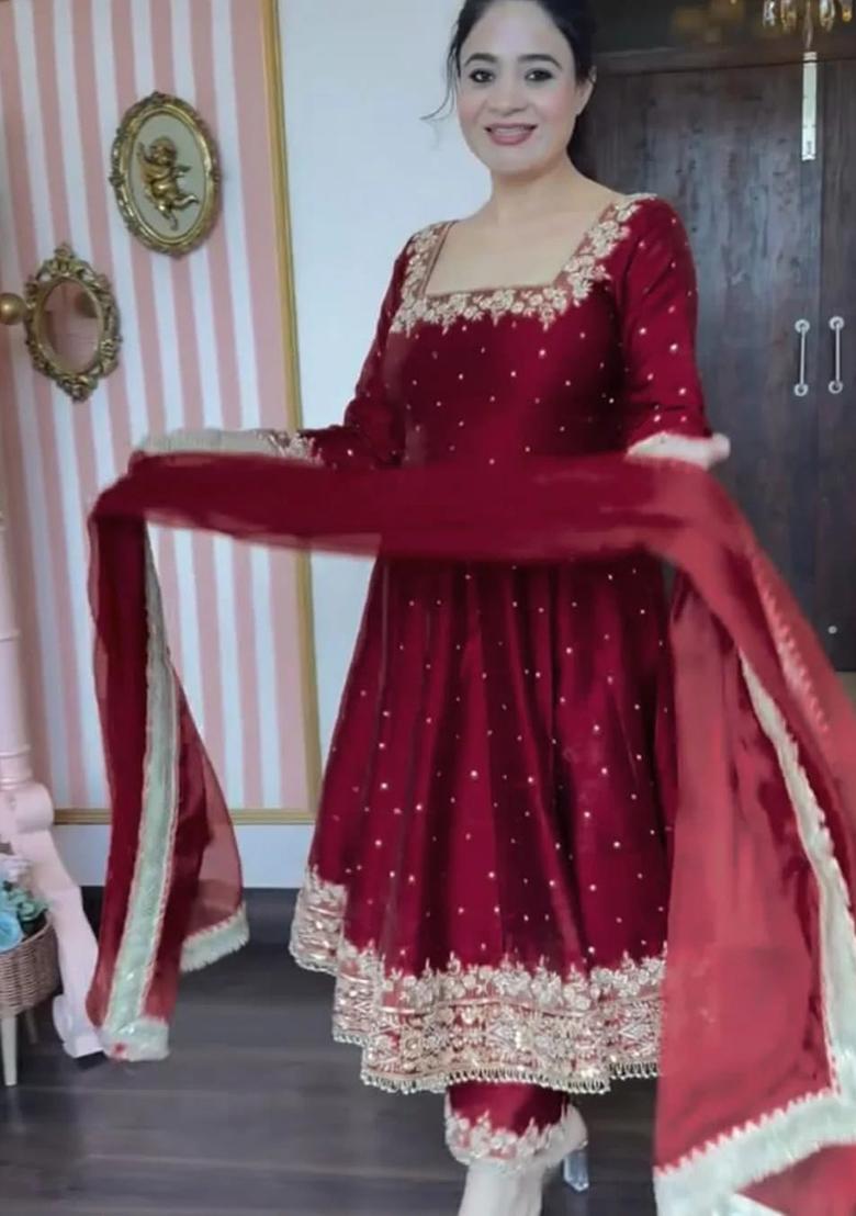 Maroon Embroidered Silk Salwar Kameez