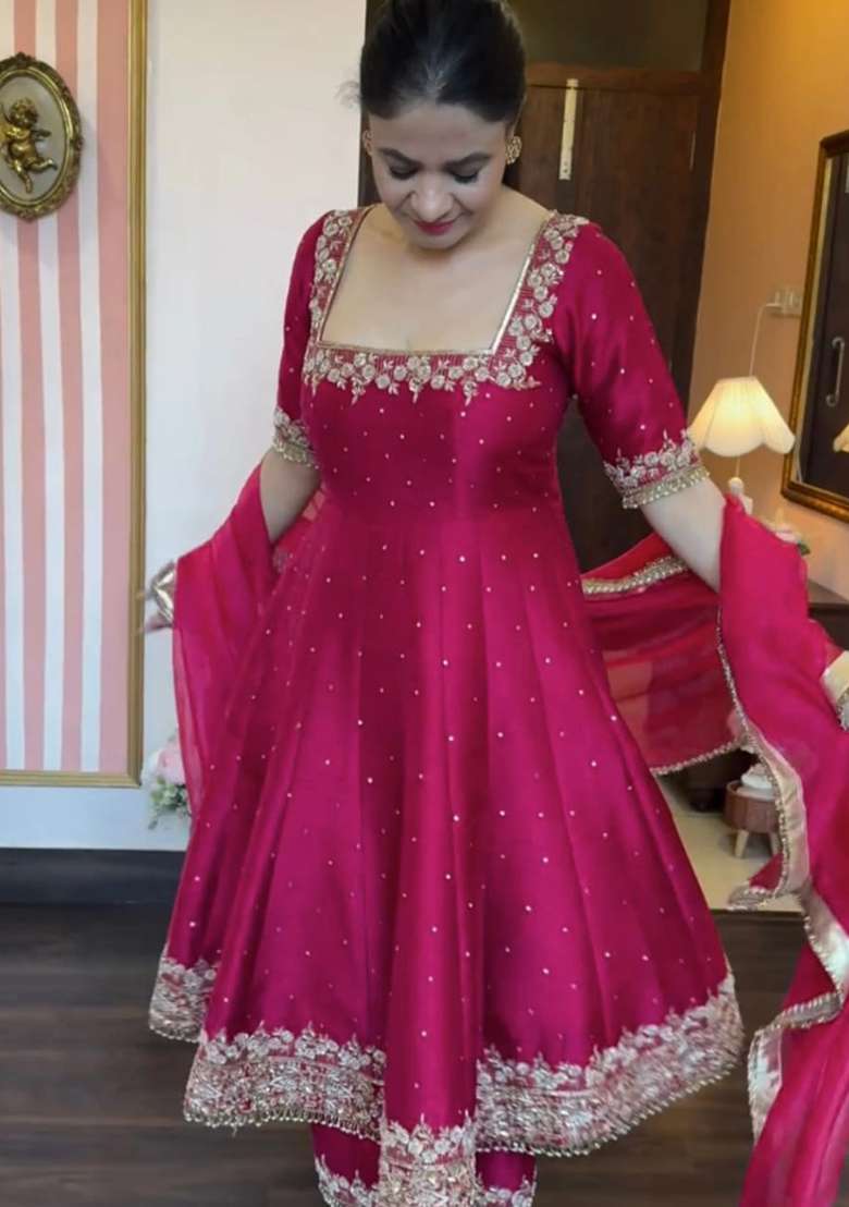 Rani Pink Embroidered Silk Blend Anarkali Set - Indya