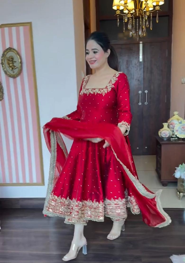 Red Embroidered Silk Salwar Kameez