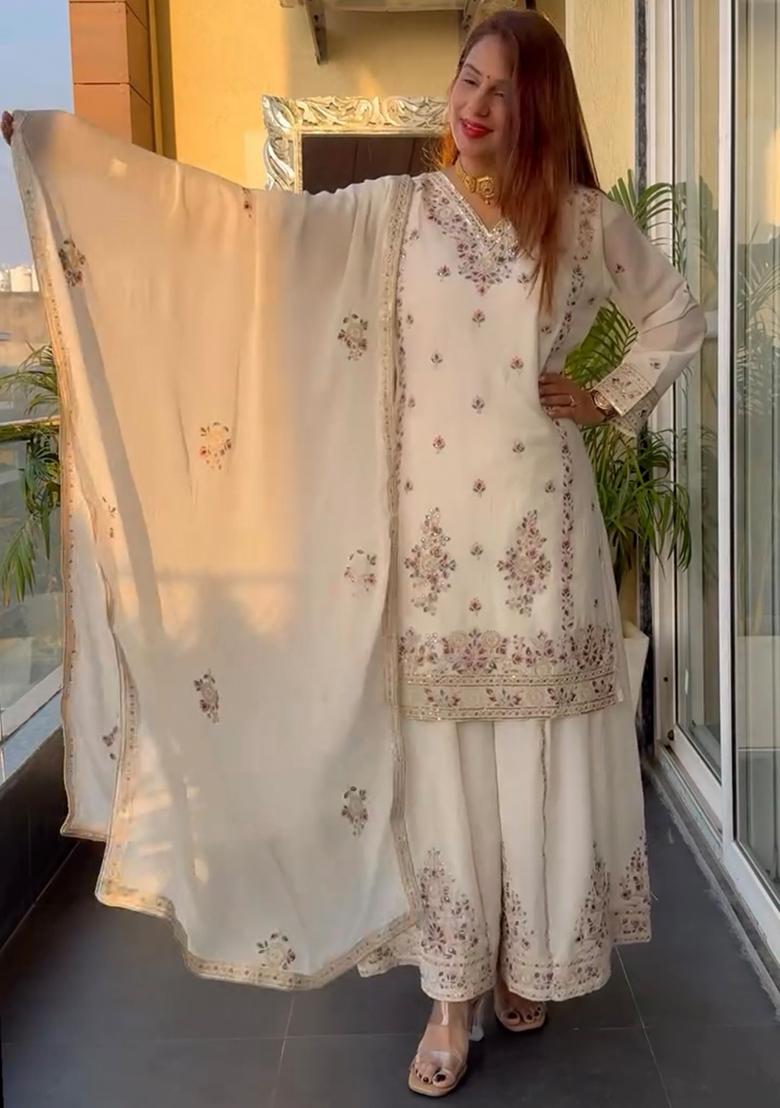 White Embroidered Chinnon Salwar Kameez