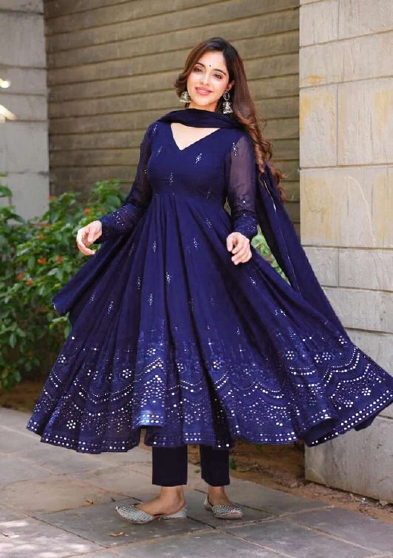 Blue Sequin Work Georgette Anarkali Set - Indya