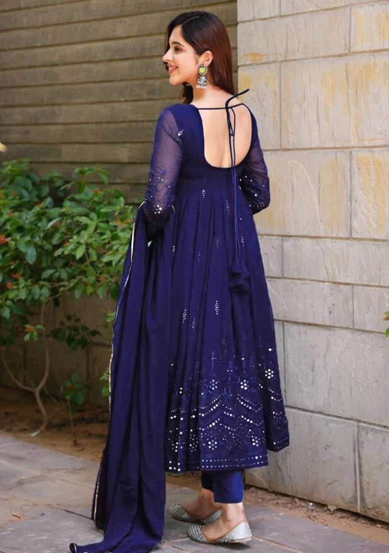 Blue Sequin Work Georgette Anarkali Set - Indya