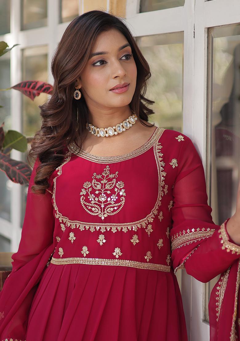Pink Embroidered Georgette Anarkali set
