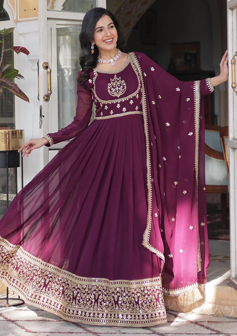 Wine Embroidered Georgette Anarkali set
