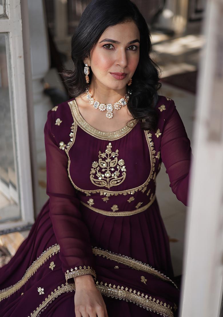 Wine Embroidered Georgette Anarkali set