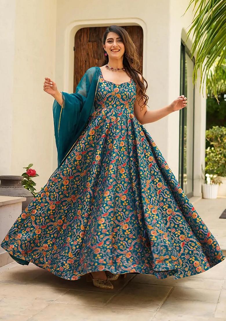 Green Printed Silk Anarkali set