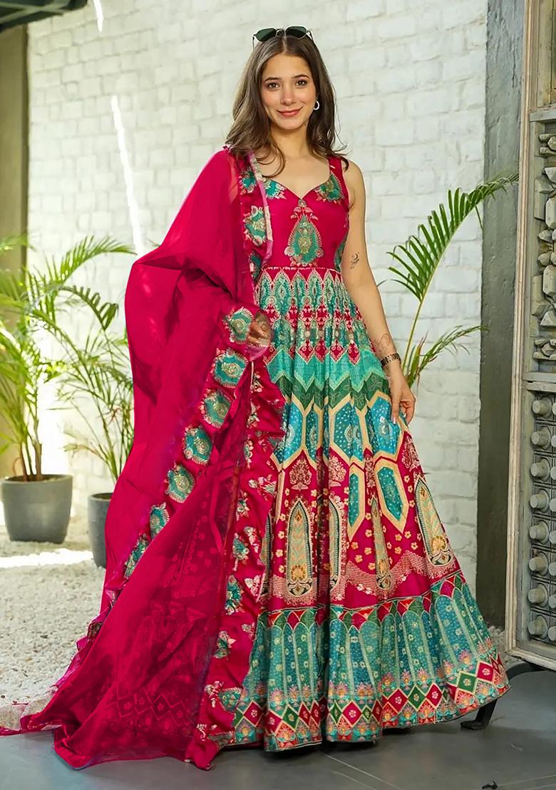 Pink Printed Silk Anarkali set