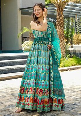 Sea Green Printed Silk Anarkali set