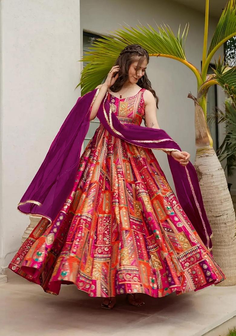 Multicolor Printed Silk Anarkali set