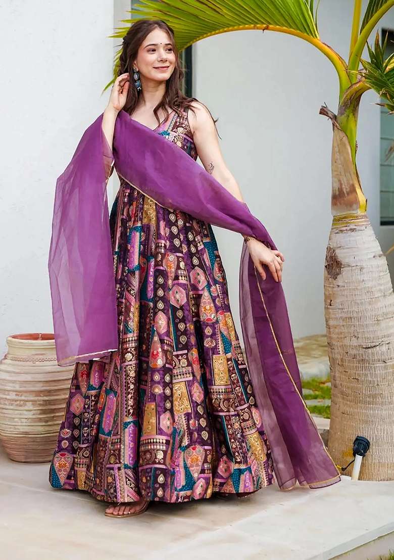 Lavender Printed Silk Blend Anarkali With Dupatta - Indya